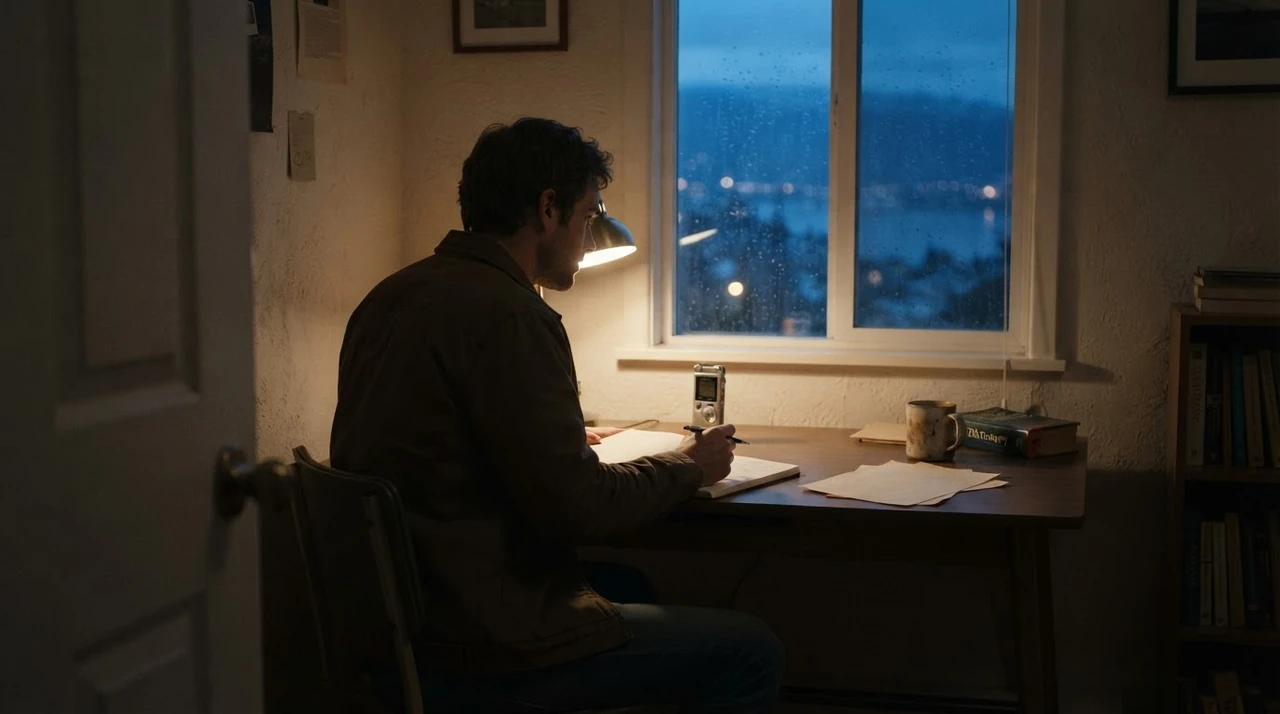A writer pauses over a notebook beside a lamp and a rain-touched window at night.