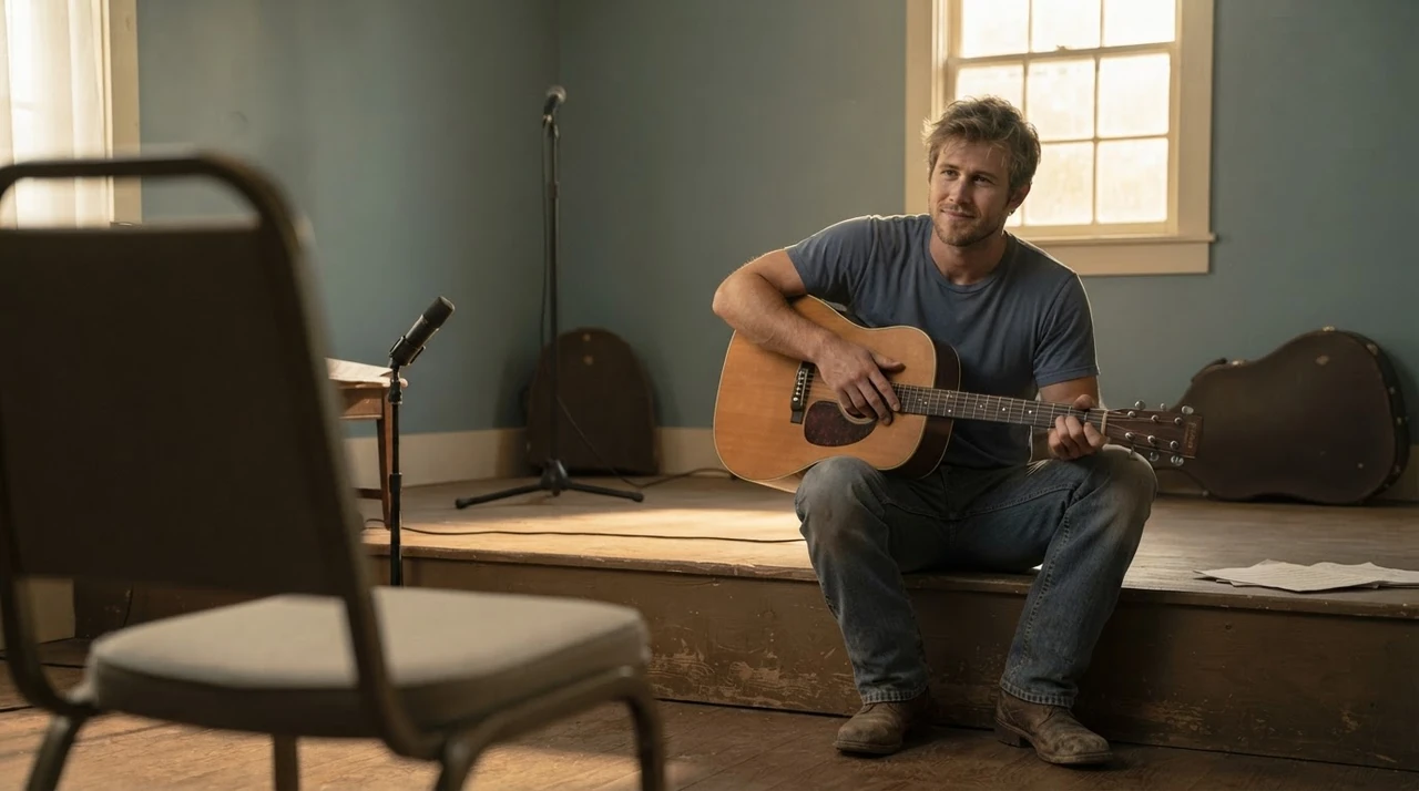 A musician with an acoustic guitar sits on a low rehearsal stage, facing an empty chair.