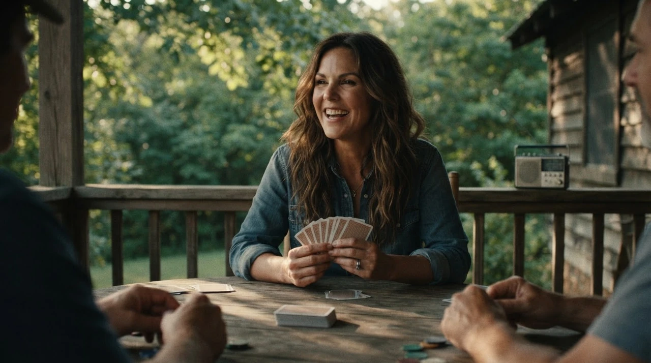 A woman laughs with friends while holding playing cards on a shaded porch.