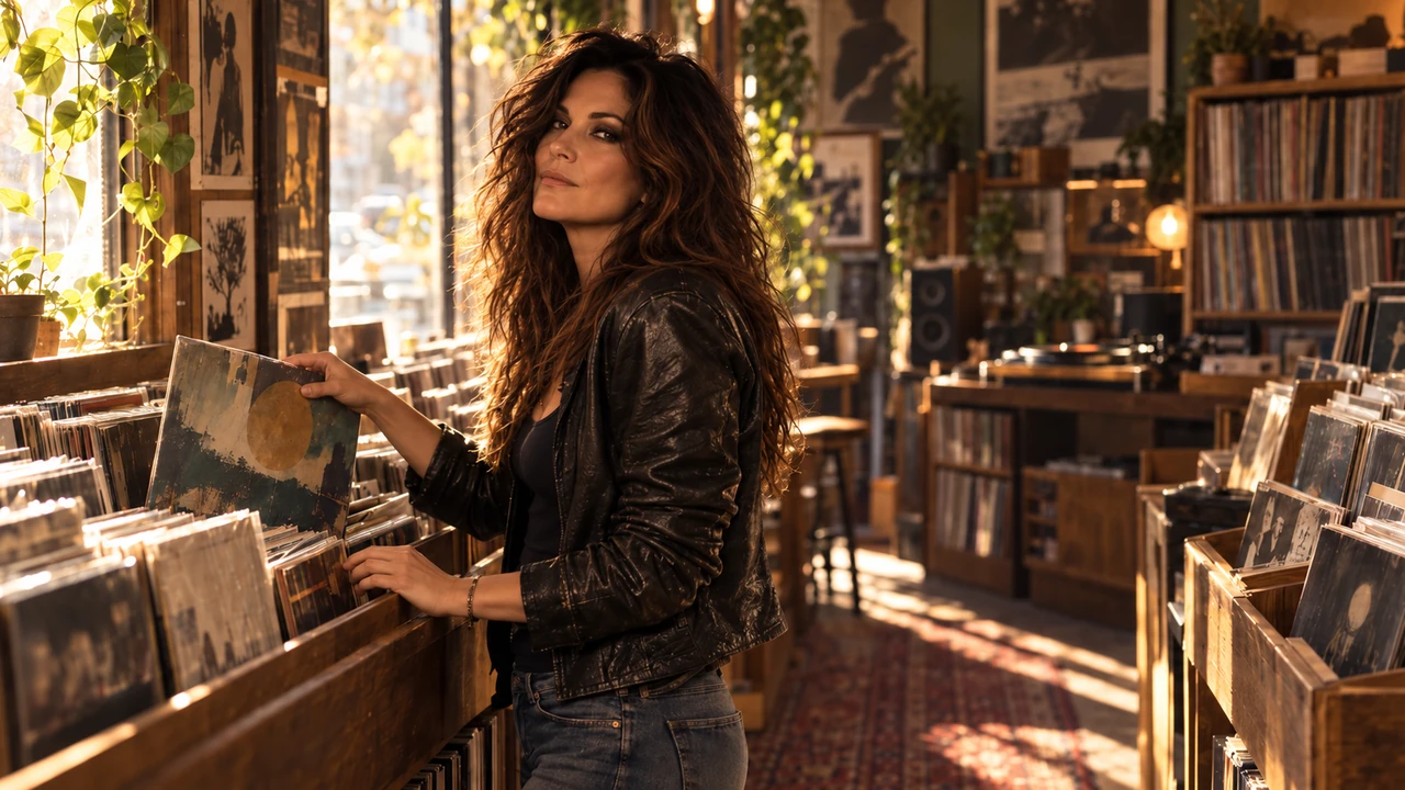 A woman browses vinyl records in a sunlit shop, turning toward the viewer with her face unobscured.