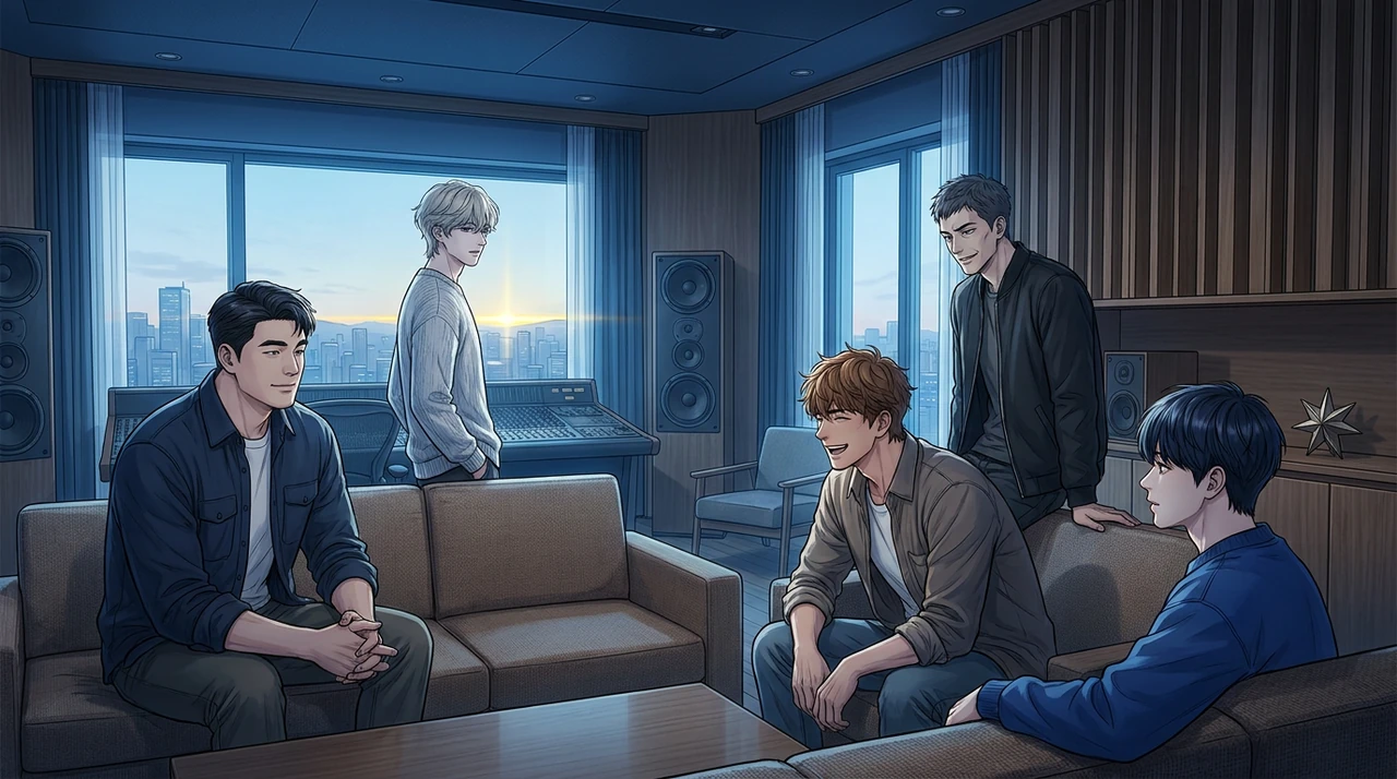Five illustrated male performers gather in a studio lounge overlooking the city before sunrise.