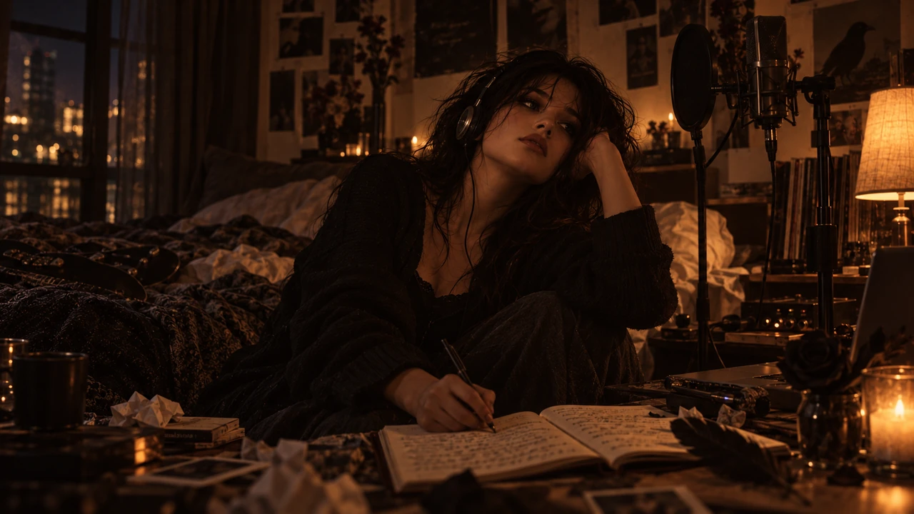 A woman wearing headphones writes in a notebook in her warmly lit bedroom, with a microphone nearby.