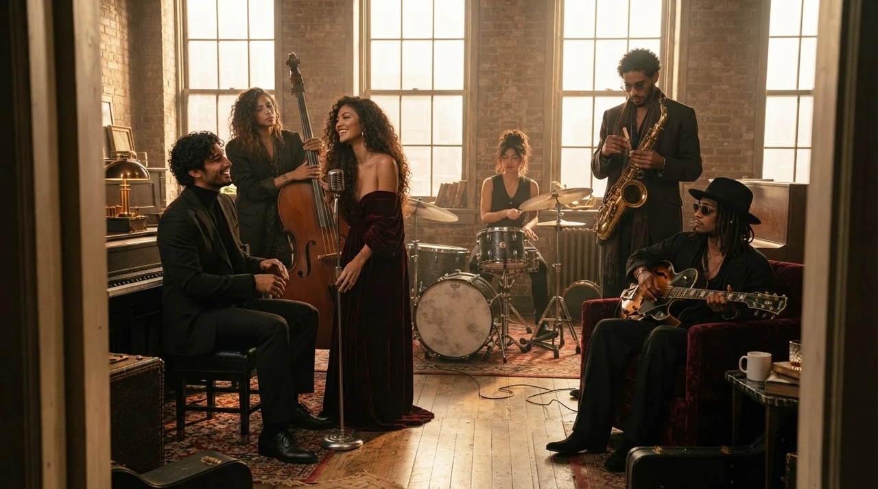 Six jazz musicians share a relaxed moment between takes in a rehearsal room.