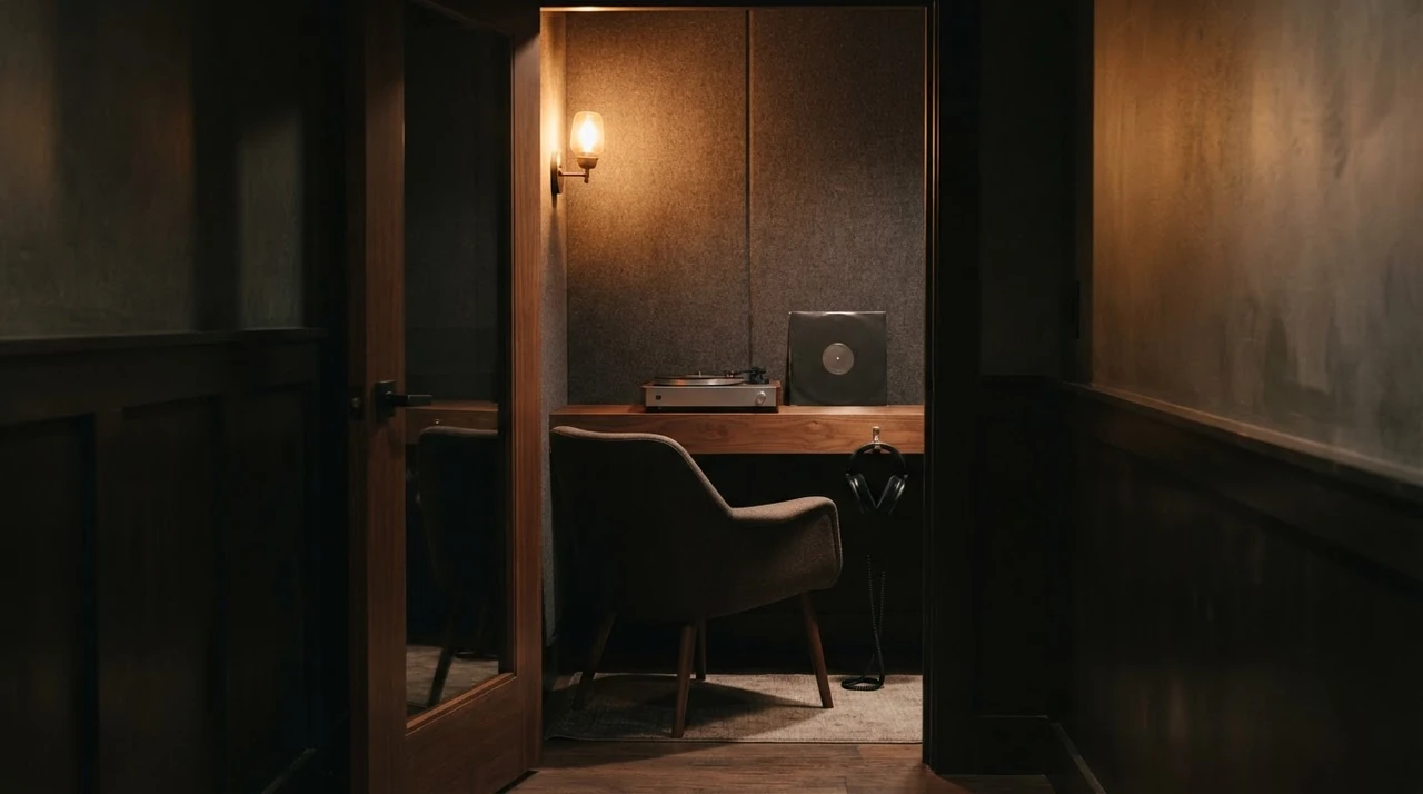 An open listening booth holds an empty chair, headphones, and an unmarked record sleeve.