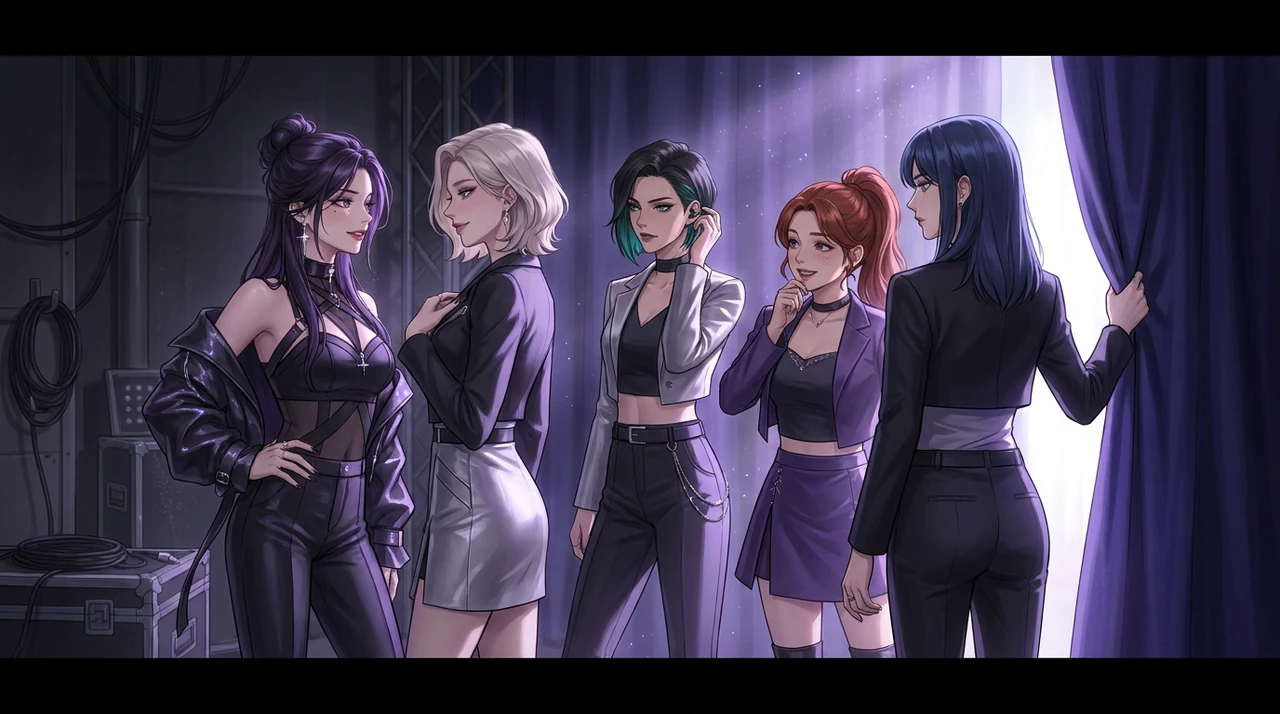 Five illustrated female performers share a moment beside an indigo backstage curtain.